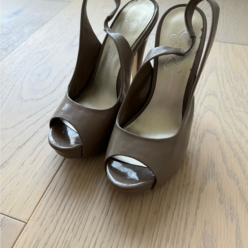 Jessica Simpson Brown Peep-Toe Slingback Heels